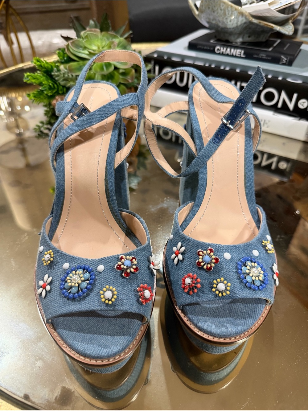 Zara Embellished Blue Denim Slingback platform Sandals size 40